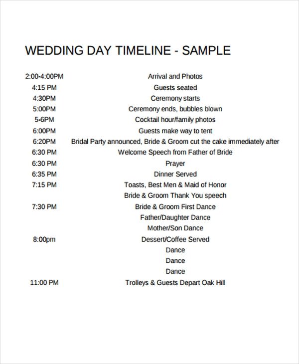 6 Wedding Day Timeline Templates Free Samples Examples