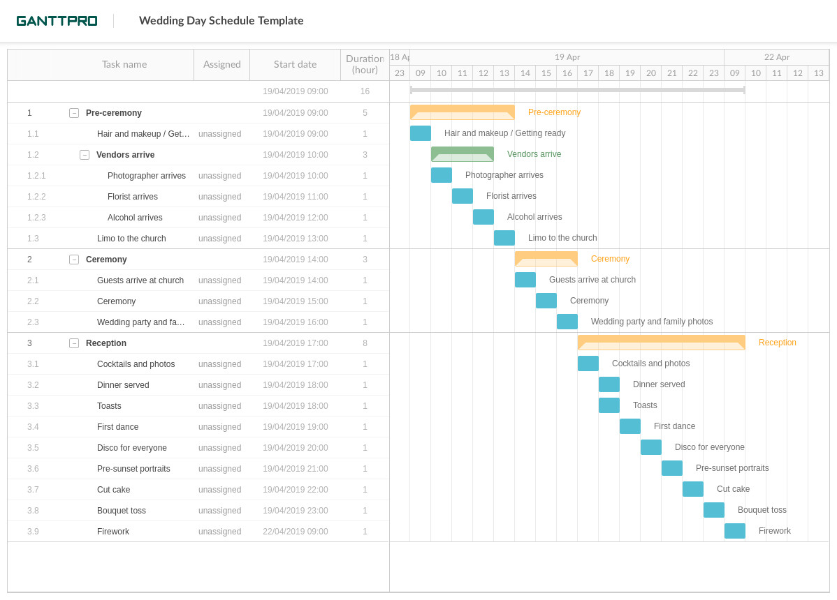 Wedding day schedule template Excel Template