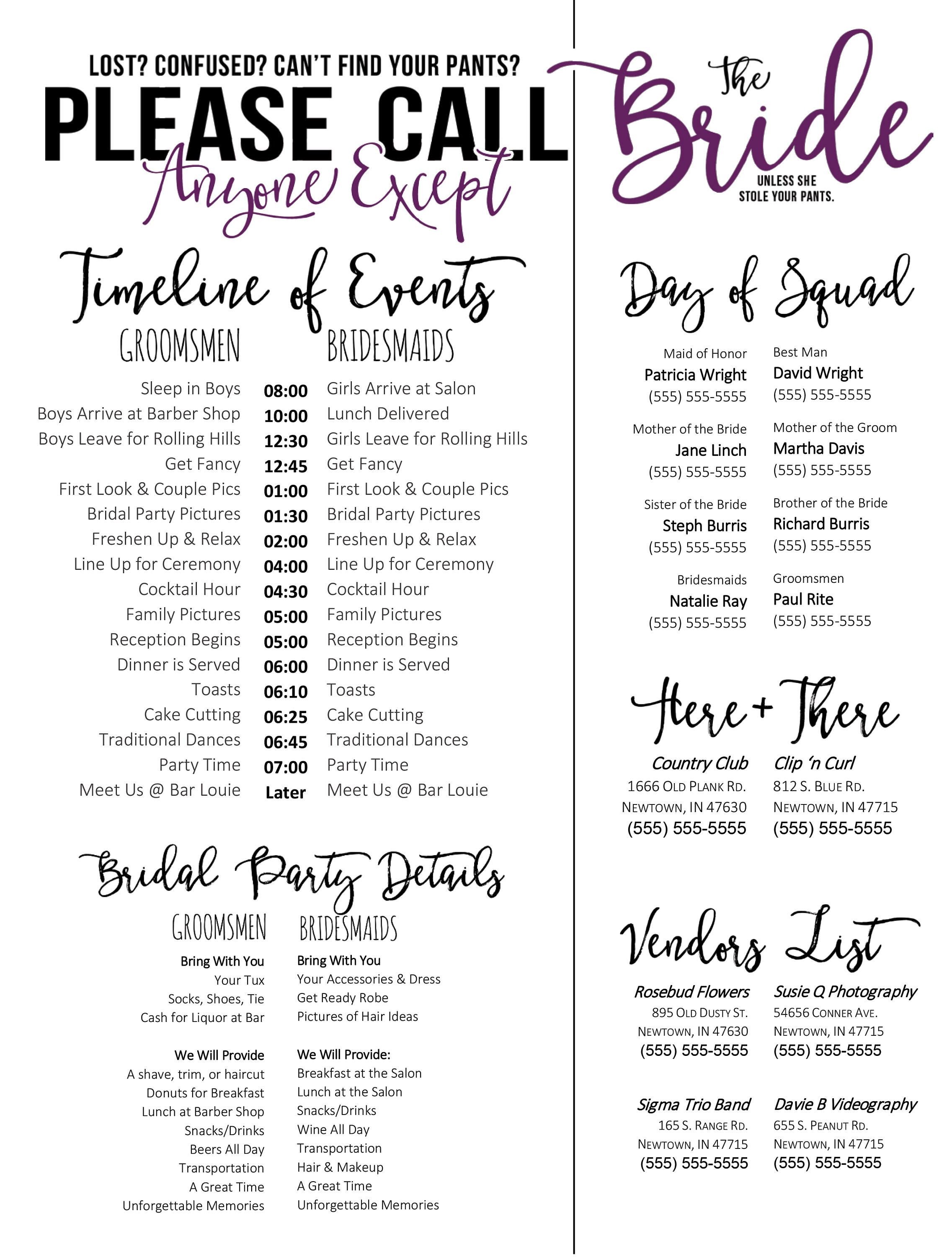 Wedding Schedule Template Purple Timeline of Events
