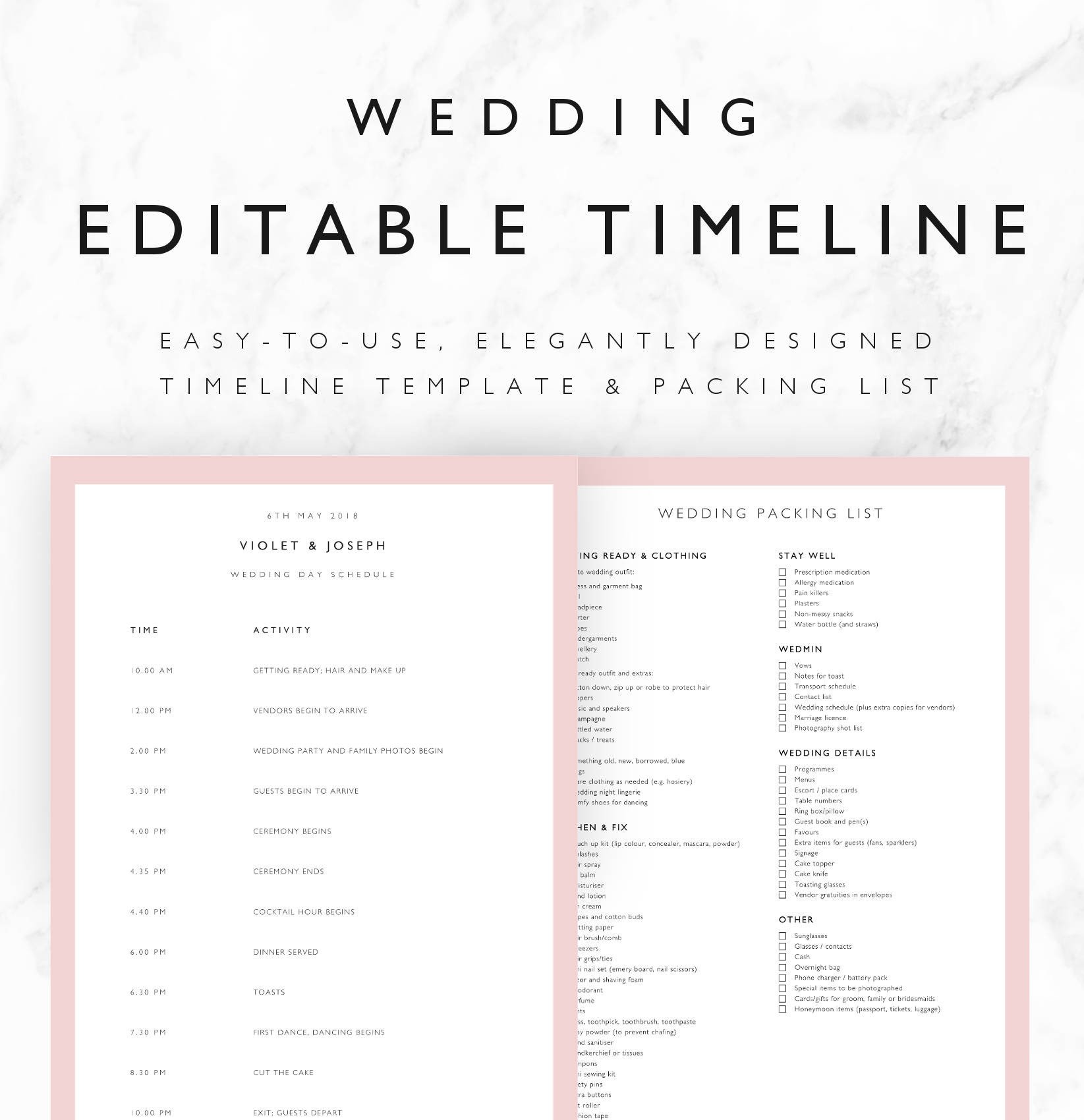 Violet Wedding Timeline Template Minimal Bridal Wedding Day