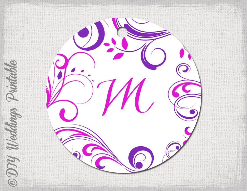 Wedding favor tags template pink & purple monogram