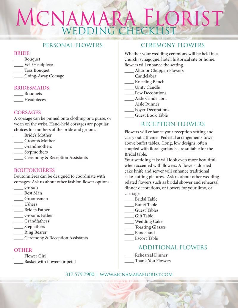 Checklist for your wedding flowers McNamara Florist