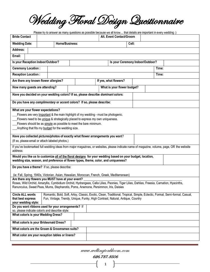 wedding planner questionnaire template Google Search