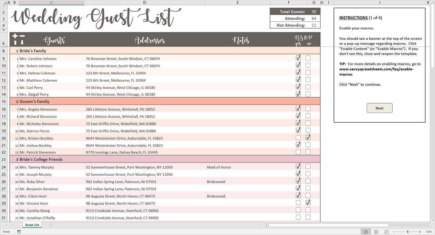 Peachy Wedding Guest List Excel Template – Savvy