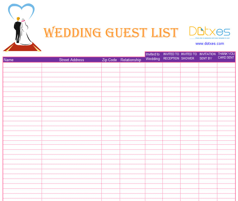 A Preofesional Excel blank wedding guest list