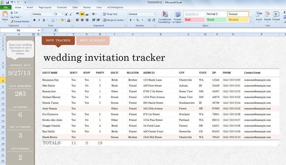 Wedding Invite List Template for Excel 2013