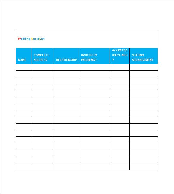 printable wedding guest list template spreadsheet