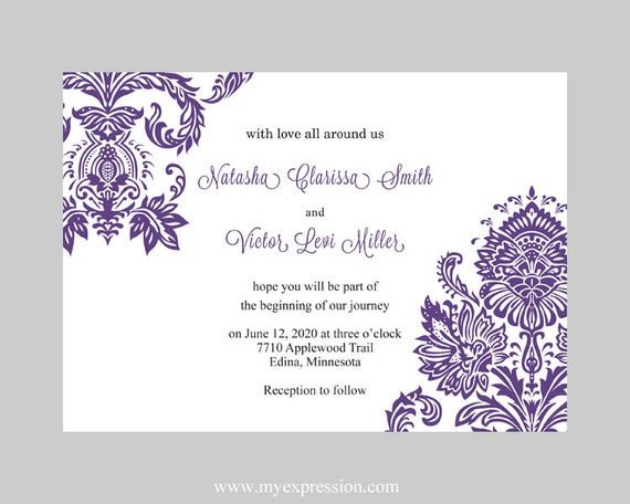 Wedding Invitation Template Purple Damask Instant Download