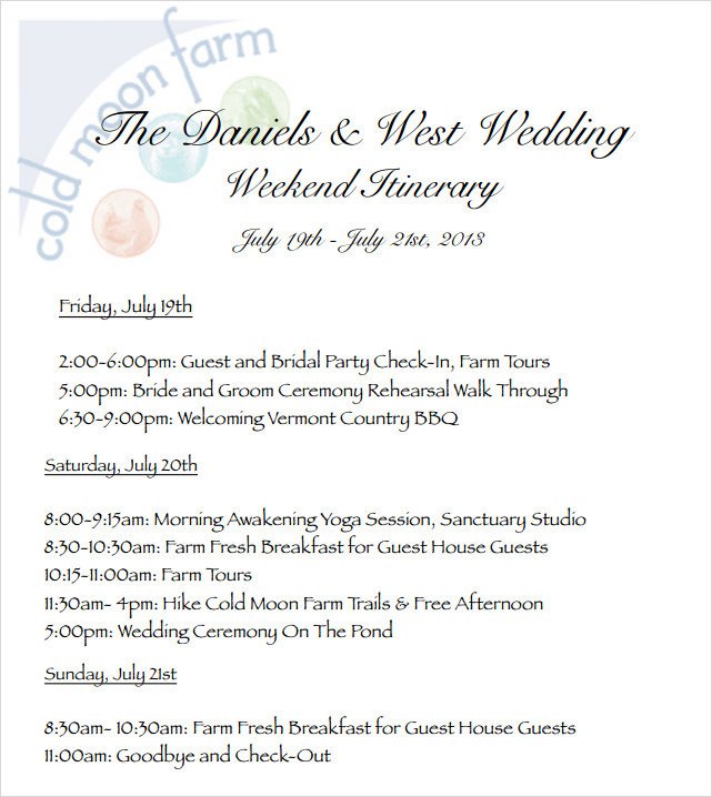 Wedding Itinerary Template 8 Download Free Documents in