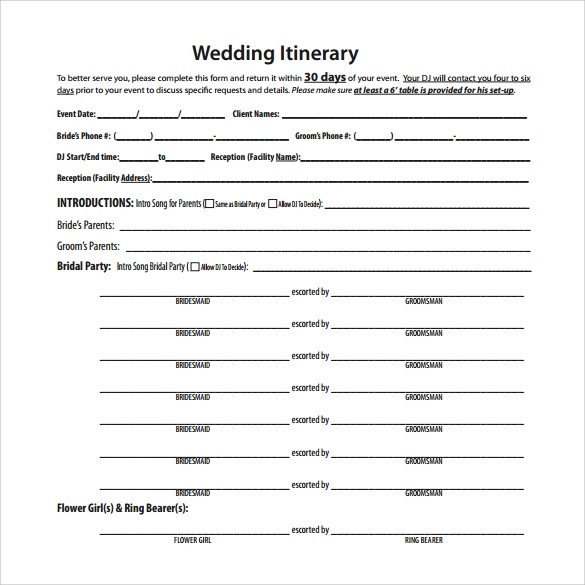 Wedding Itinerary 8 Download Documents in PDF PSD Excel