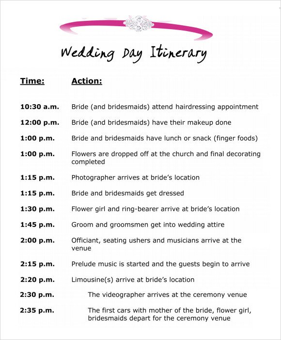 Wedding Itinerary Template 8 Download Free Documents in
