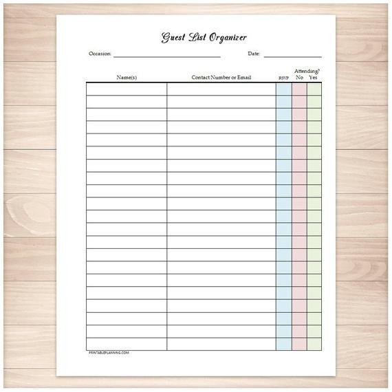Printable Guest List RSVP Organizer Holiday or Occasion