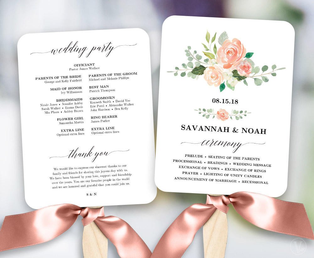 Peach Blush Floral Wedding Program Fan Template Printable