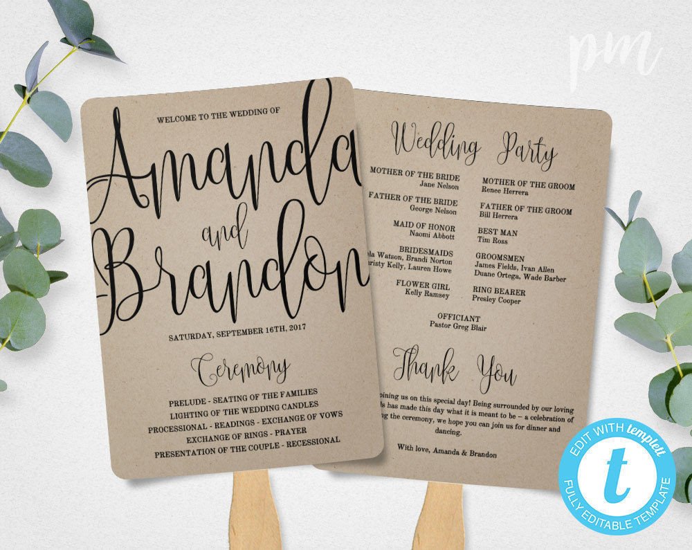 Wedding Program Fan Template Calligraphy Script Printable