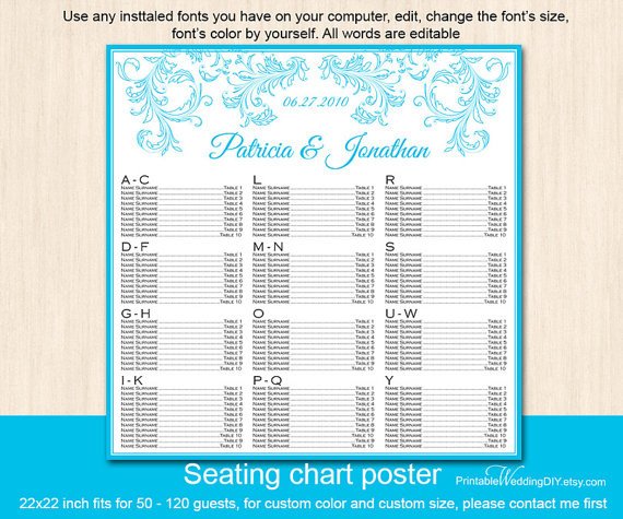 Malibu Blue Filigree Seating Chart Poster Template