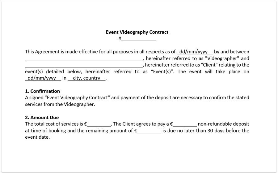 Wedding video contract template for wedding videographer