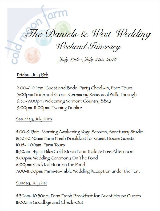 4 Sample Wedding Weekend Itinerary Templates DOC PDF