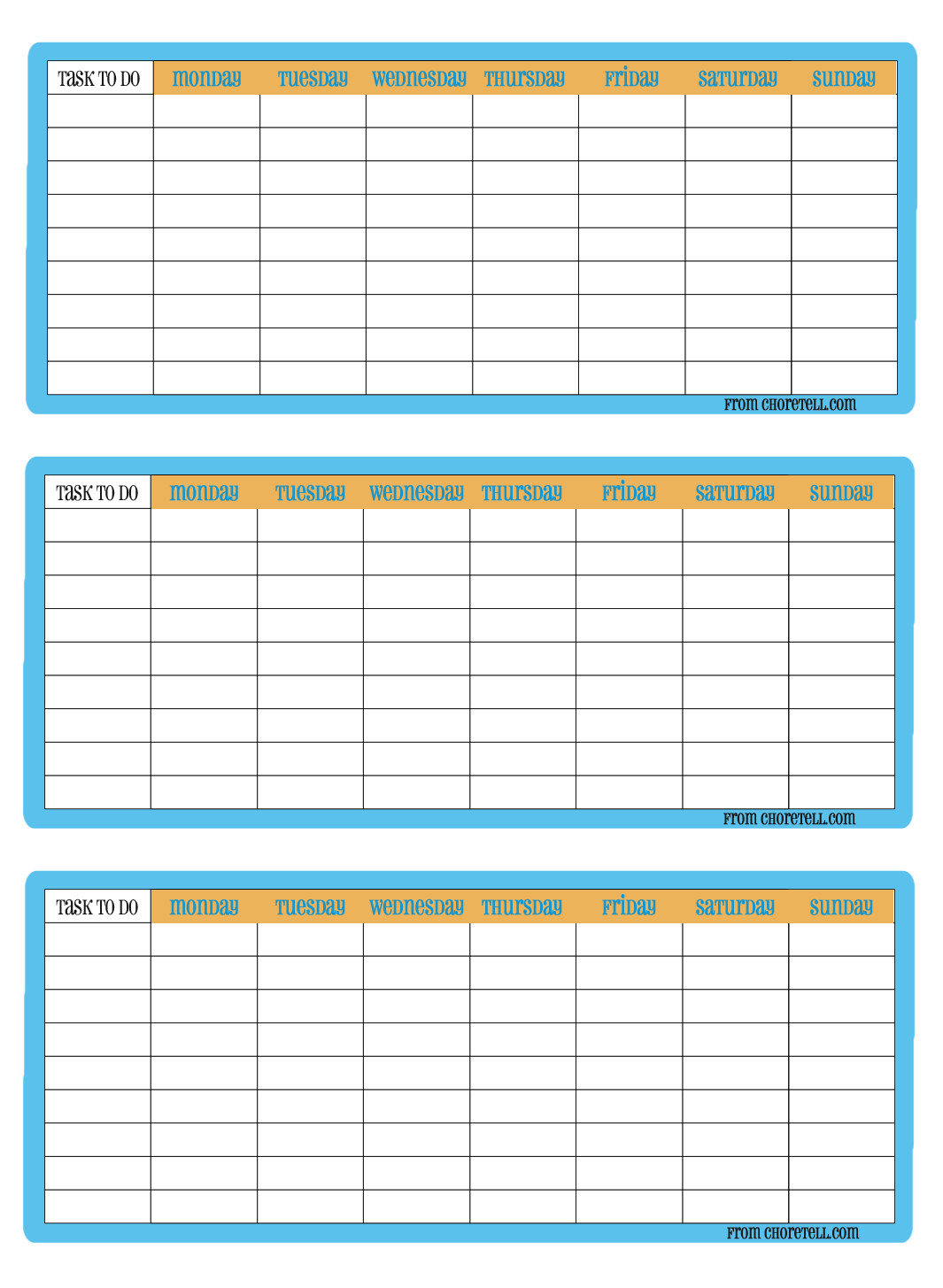 3 up printable weekly chore charts from ChoreTell