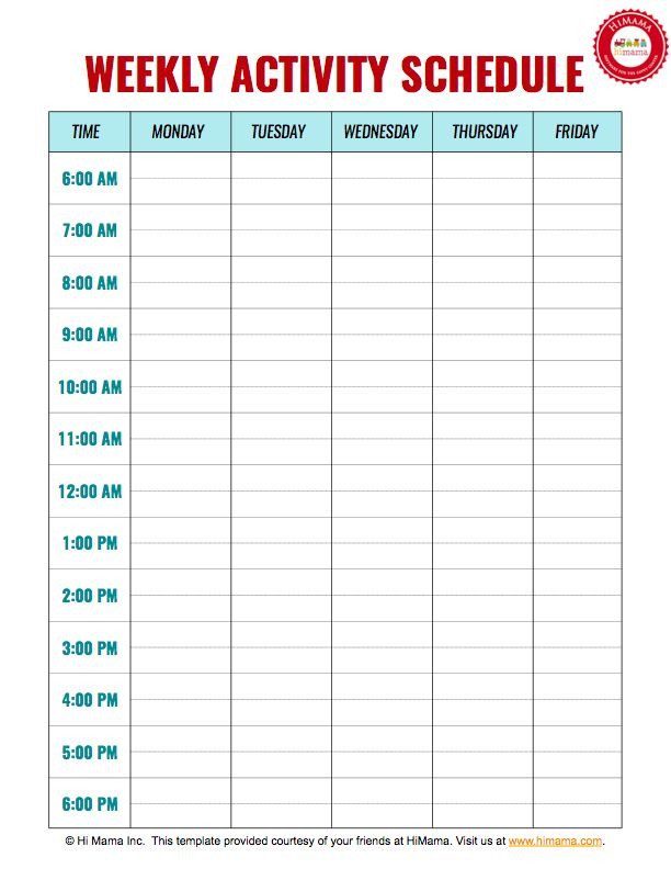 Daycare Weekly Schedule Template 5 day