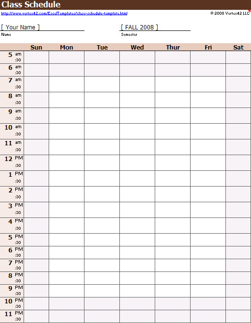 Free Weekly Class Schedule Template for Excel