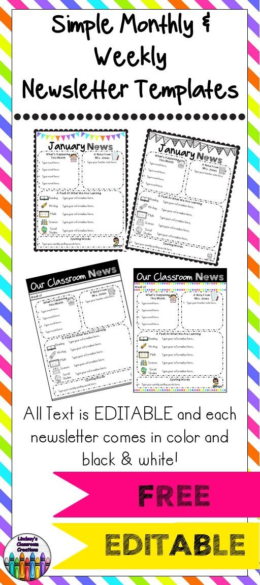 Editable Classroom Newsletter Templates Color & Black