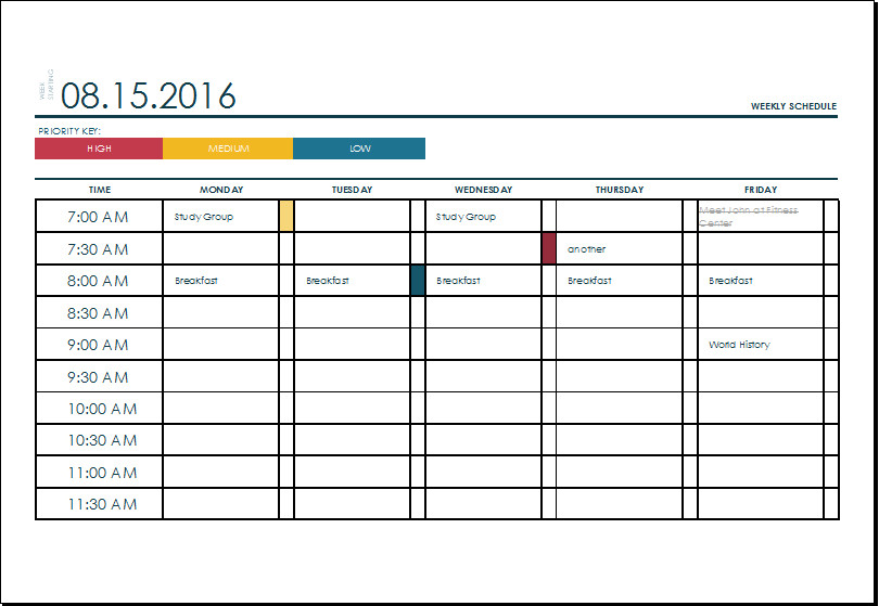 MS Excel Weekly College Tasks Schedule Template