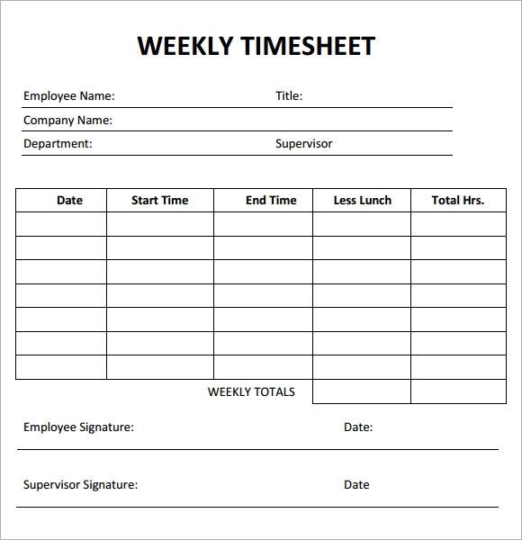 Weekly Timesheet Template 7 Free Download for PDF