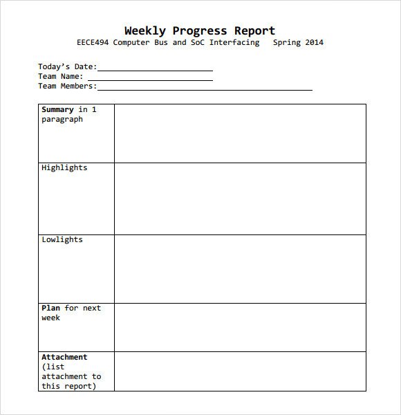 Sample Weekly Progress Report 13 Documents in PDF Word