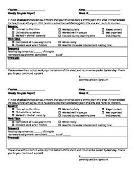 Weekly Progress Report Template for Elementary Students by