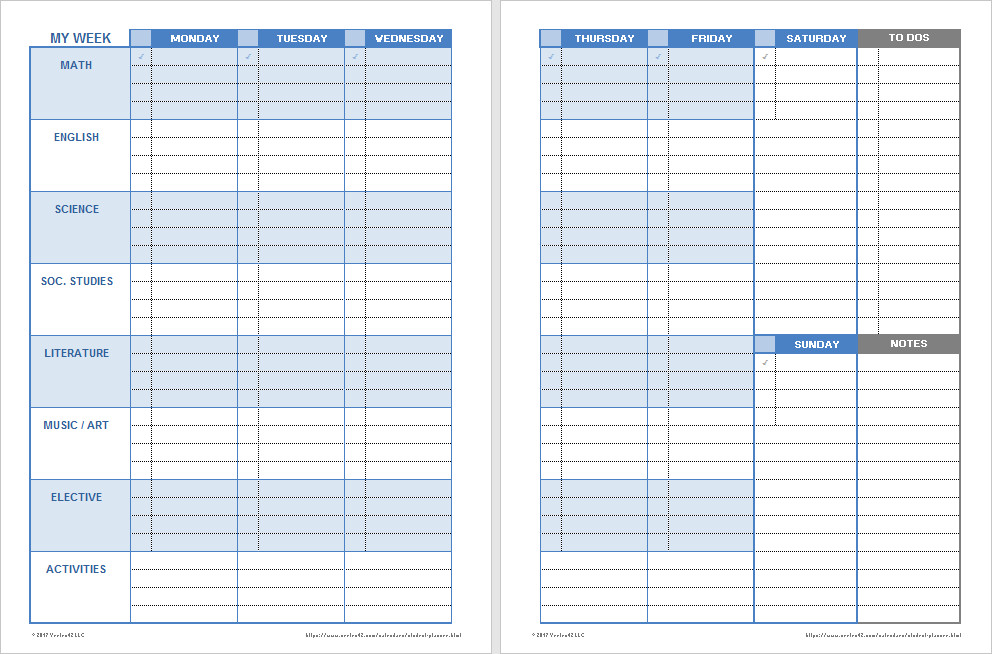 Download a free printable weekly student planner template