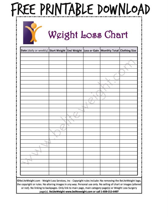 Printable Weekly Weight Loss Chart
