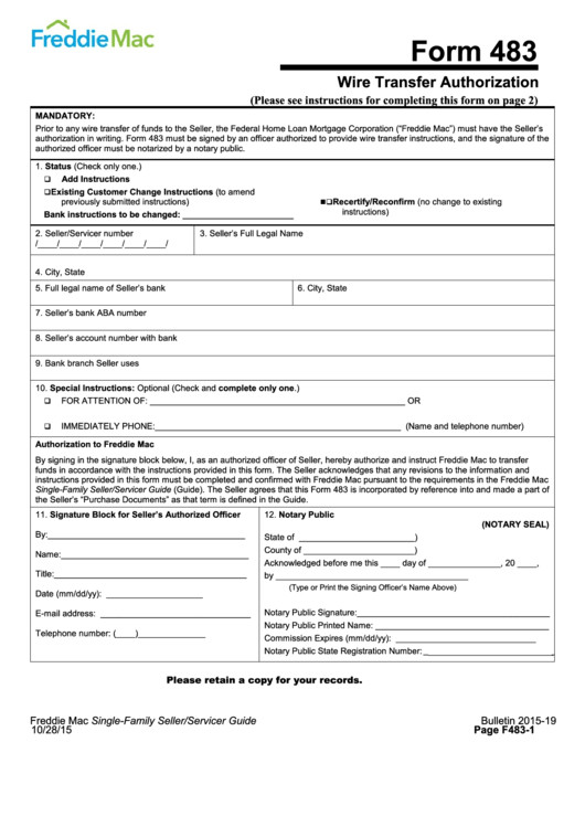 Fillable Form 483 Wire Transfer Authorization printable