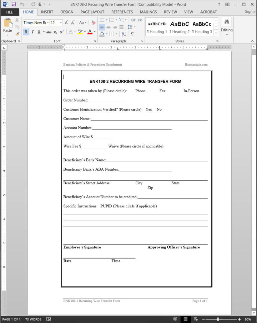 Recurring Wire Transfer Form Template