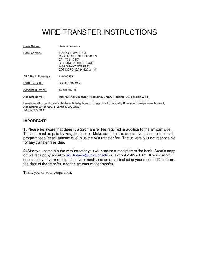 University of california riverside Wire transfer b of a