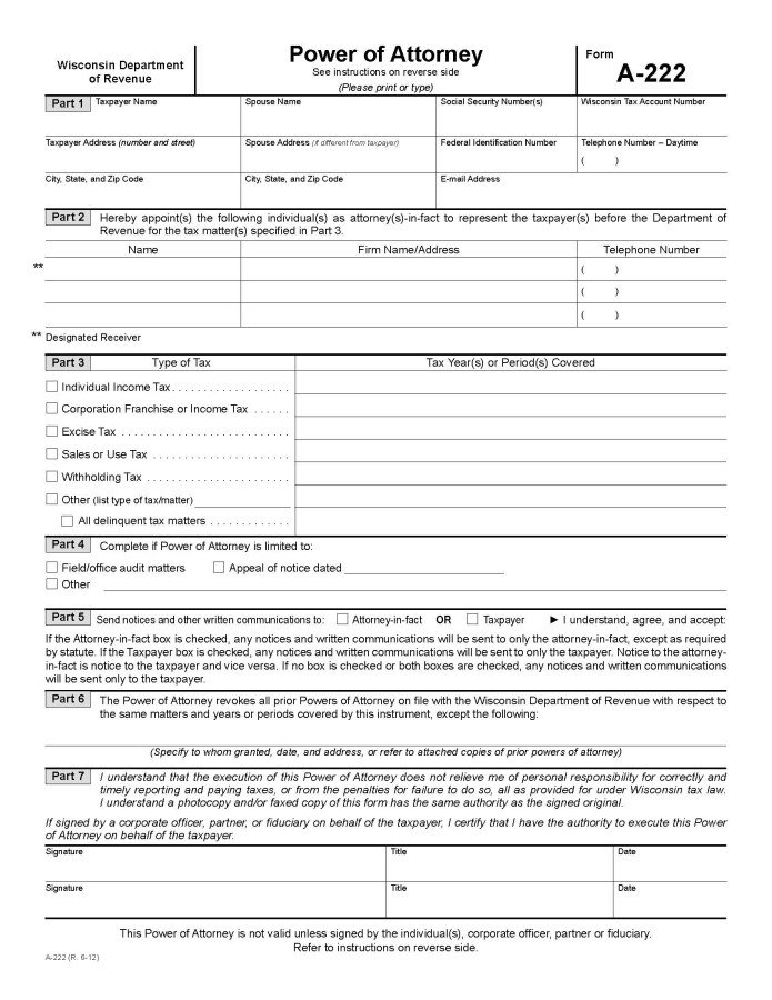 Download Wisconsin Tax Power of Attorney Form A 222