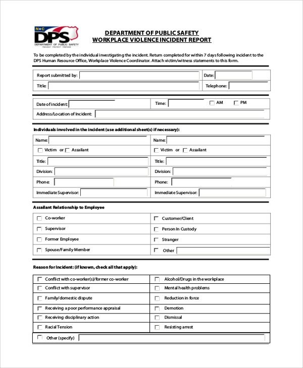 Sample Incident Report Form 6 Documents in PDF Word