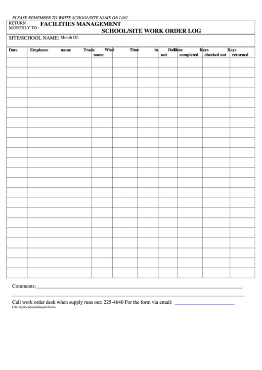 School site Work Order Log printable pdf