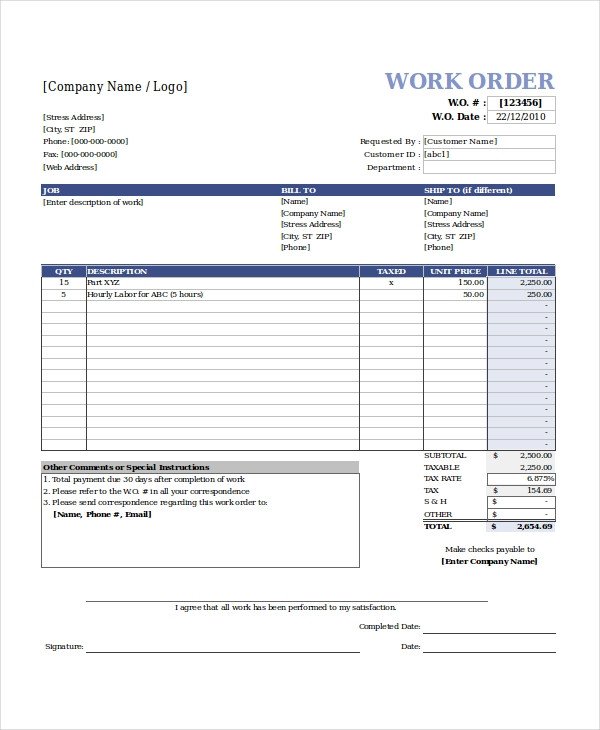 Excel Work Order Template 15 Free Excel Document