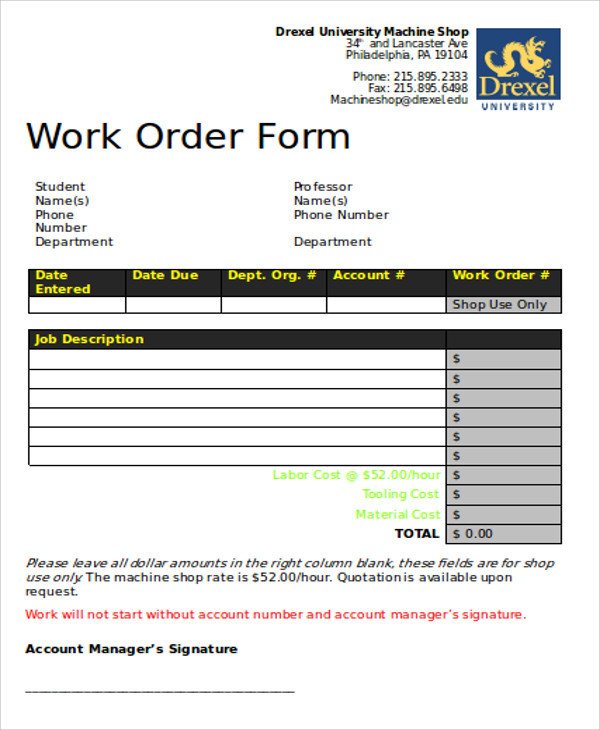 Free Sample Work Order Form 9 Examples in Word PDF