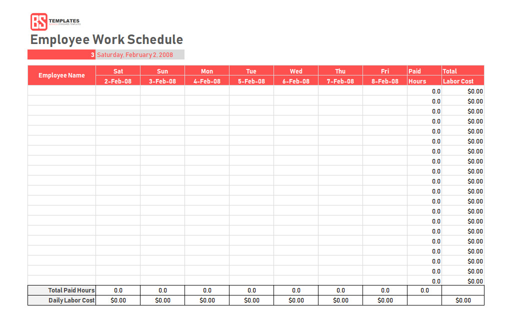 Work schedule template Daily Weekly