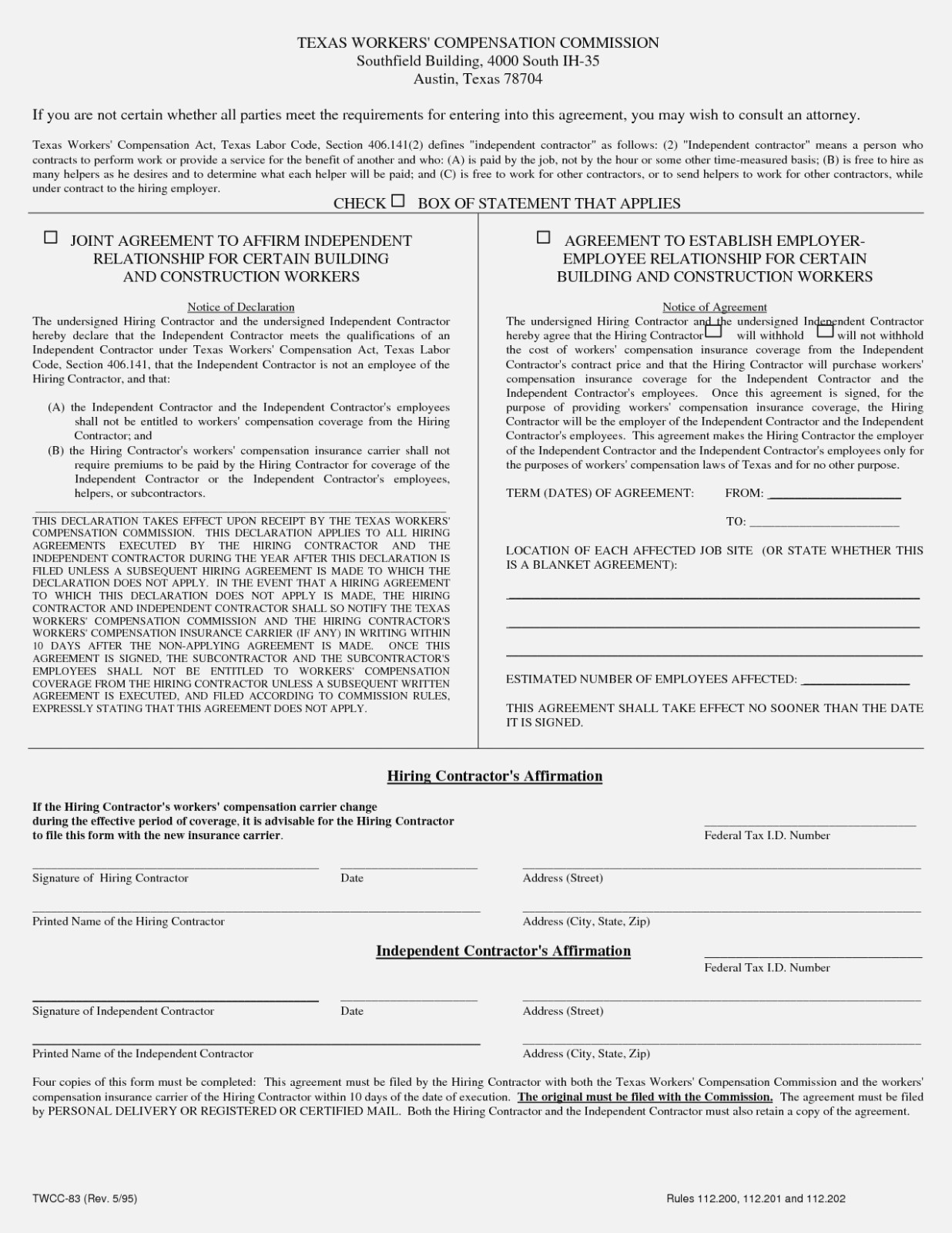 Workers p Waiver Form Texas