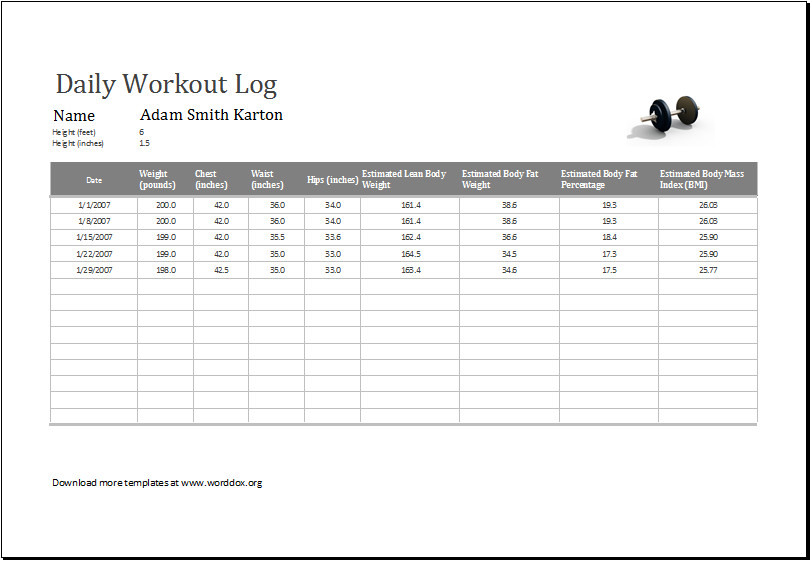 Daily Workout Log MS Excel Editable Printable Template