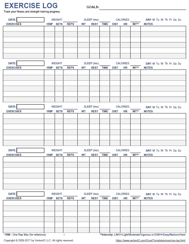 Free Printable Exercise Log and Blank Exercise Log Template