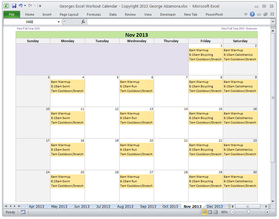 Excel Fitness Workout Calendar Template