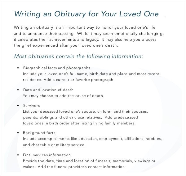 11 Obituary Writing Template – Free Sample Example