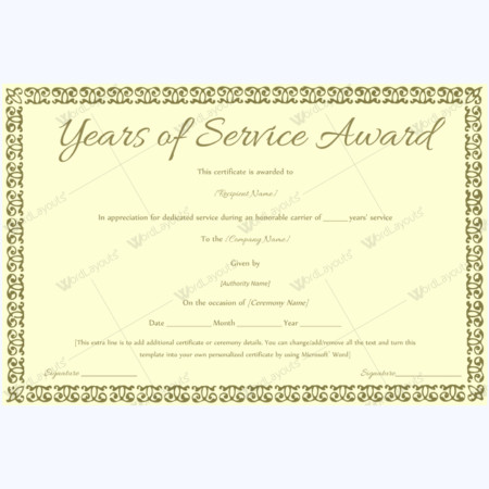 Years of Service Award Certificate Templates Word Layouts